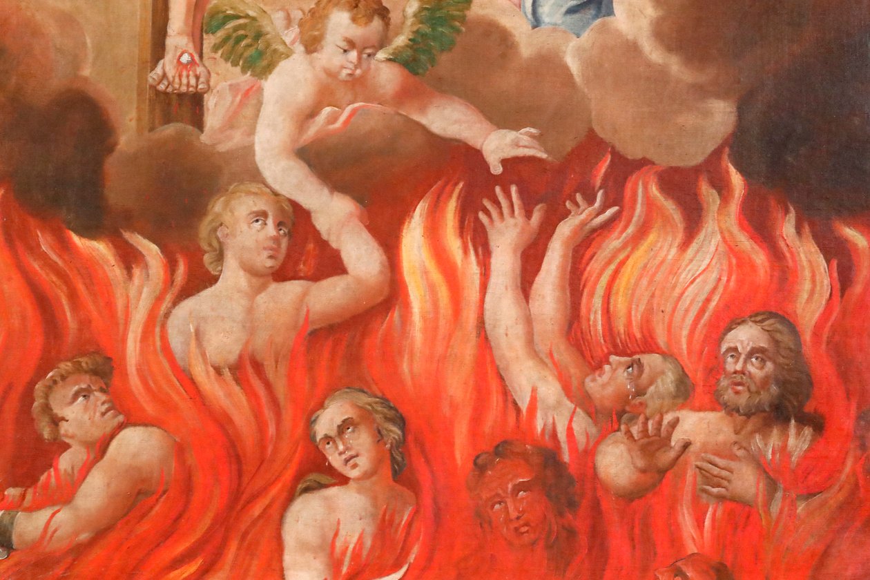 Saint-Nicolas de Verocen kirkko. Viimeinen tuomio: helvetti. Pelastettujen ryhmä. Maalaus. Ranska. tekijältä French School
