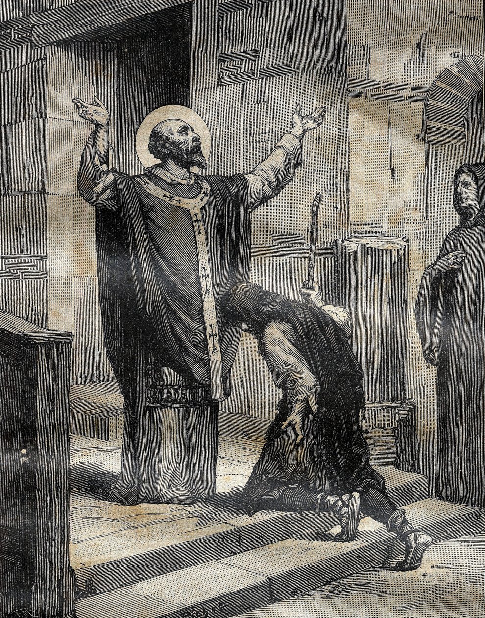 Saint Aubert (Saint-Aubert) Cambrain ja Arrasin eveque (633-667?) toivotti tervetulleeksi opetuslapsensa ja tuhlaajakummipoikansa Landelinin (613-) Vaulxin seignöörin pojan ja antoi hänelle anteeksi hänen kolmen vuoden virheensä. Kaiverrus kirjassa "" Le P tekijältä French School