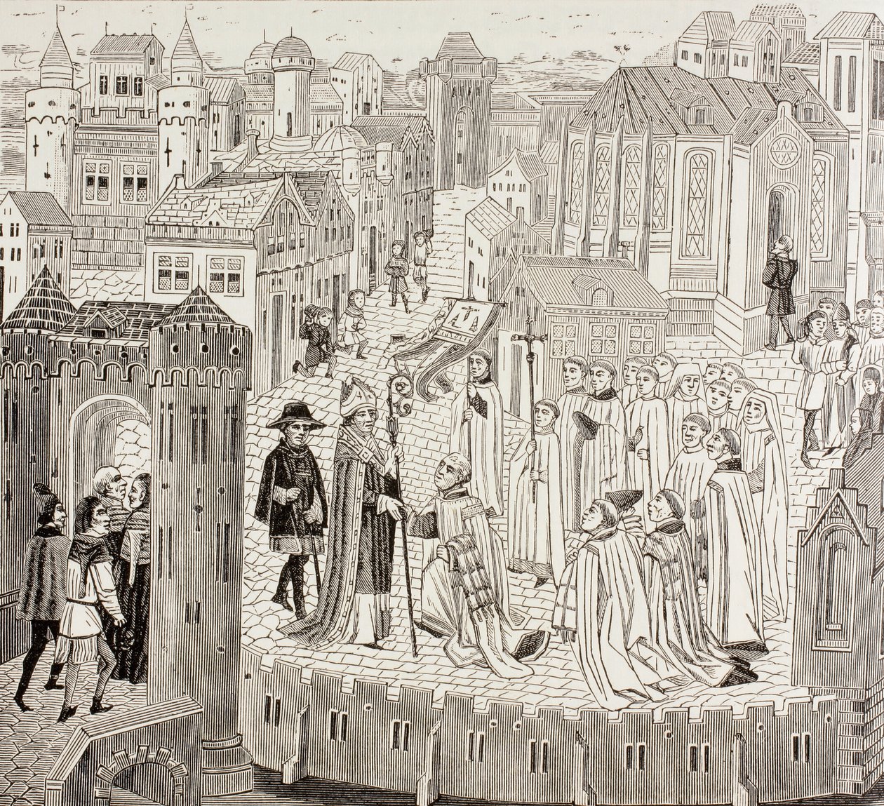 Saint Gaugericus, Cambrain piispa, saapumassa kaupunkiin nimitystä varten, Paul Lacroixin teoksesta "Sotilas ja uskonnollinen elämä keskiajalla", julkaistu Lontoossa n. 1880 tekijältä French School