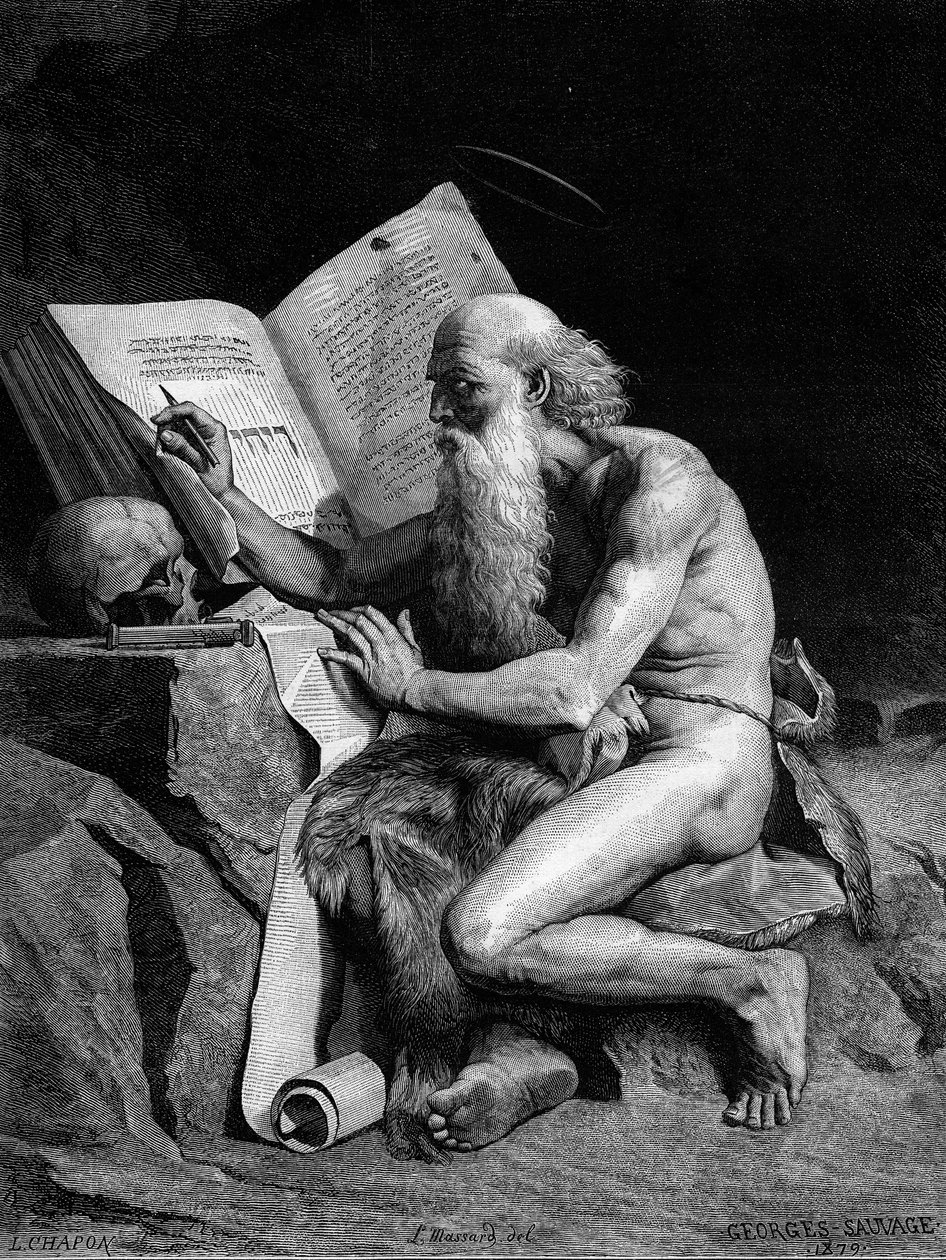 Pyhä Jerome erämaassa. Kaiverrus Georges Sauvagen maalauksen (Auguste Albert Georges Sauvagen dit) mukaan (1800-luku). Kaiverrus "" Le Monde Illustré" -julkaisussa nro 1196, 28. helmikuuta tekijältä French School