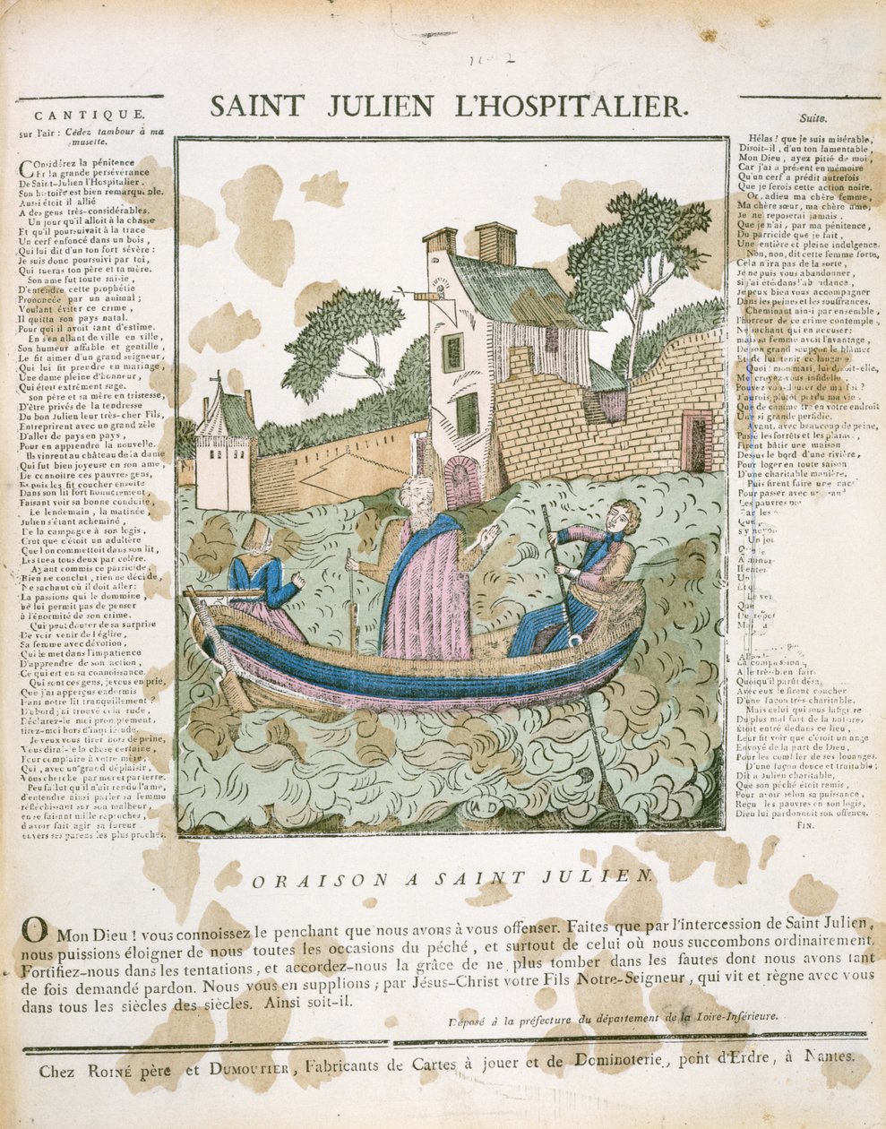 Saint Julian the Hospitaller soutamassa matkustajia joen poikki, kuvitus LImagerie Populairesta, P.L. Duchartre & R. Saulmer tekijältä French School