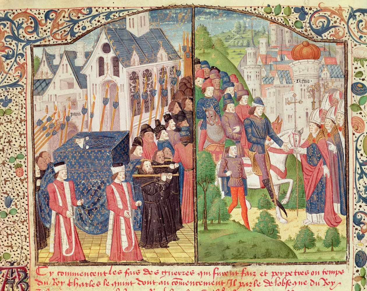 Pyhän Ludvigin hautajaiset Pariisissa vuonna 1270 ja Kaarle V:n saapuminen Reimsiin vuonna 1364 kruunatakseen kuninkaaksi katedraalissa Jean Froissartin (n. 1337–1405) Chroniques-käsikirjoituksesta (vellum) tekijältä French School