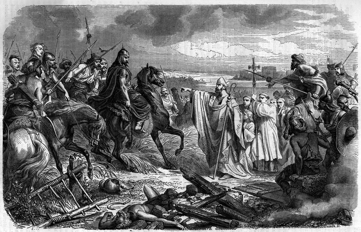 Saint Loup (tai Saint-Loup, v.383-479), Troyesin eveque pelastaa kaupungin hunniheimojen kuninkaan Attilan (v. 406-453) vihalta vuonna 451 - Barbaarien hyökkäykset - Kaiverrus "Histoire des" Ma tekijältä French School