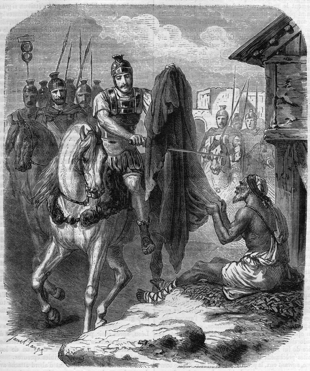 Saint Martin de Tours (Saint-Martin-de-Tours, v. 316-397) tekee kaksi kappaletta takkistaan antaakseen sen köyhälle miehelle. Maurice Lachatren kaiverrus "Histoire des Papes-Rois-Queen and Empereurs a travers les centuries" tekijältä French School