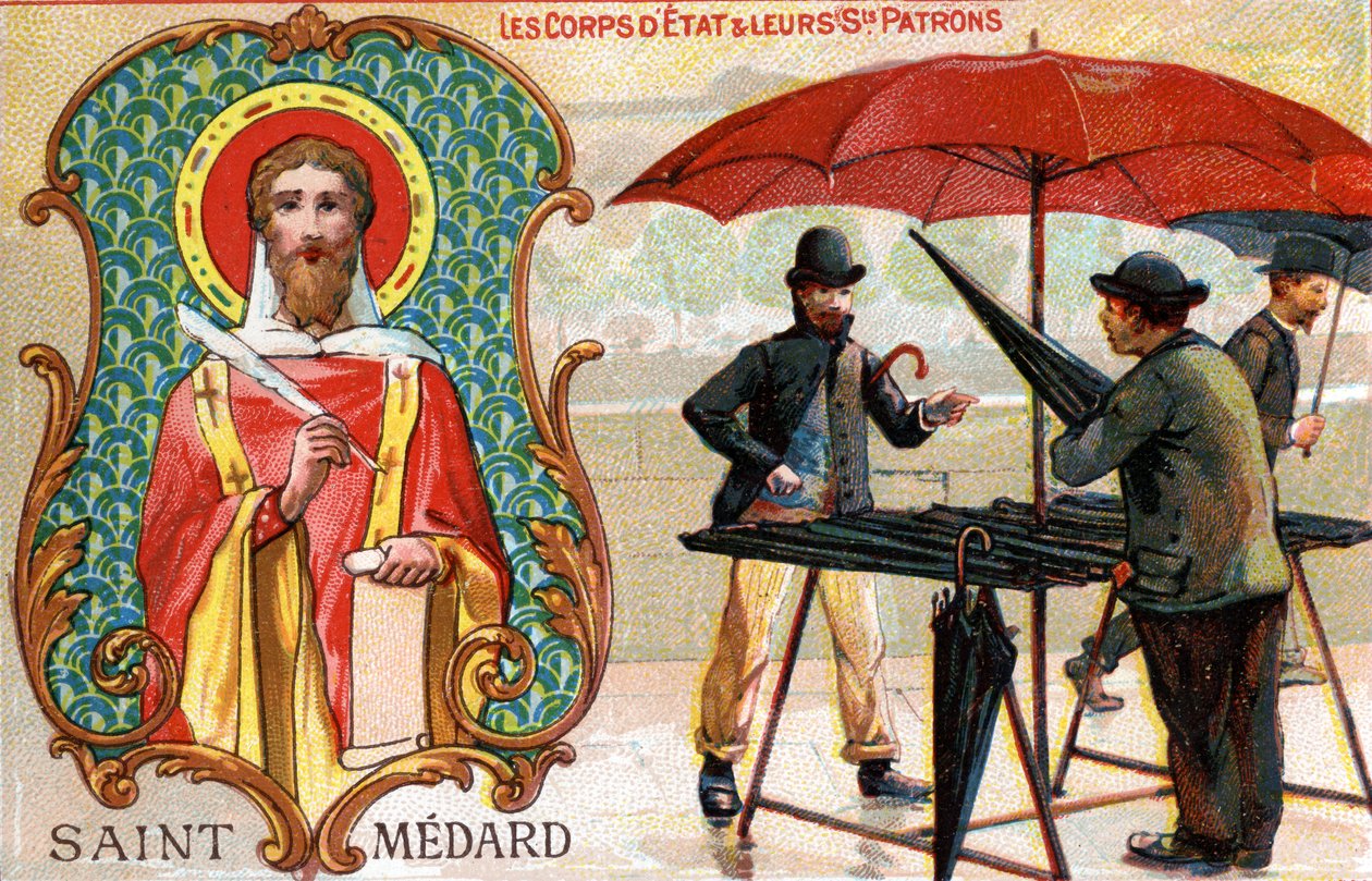 Saint Médard, sateenvarjomyyjien suojeluspyhimys, n. 1910 (väri litho) tekijältä French School
