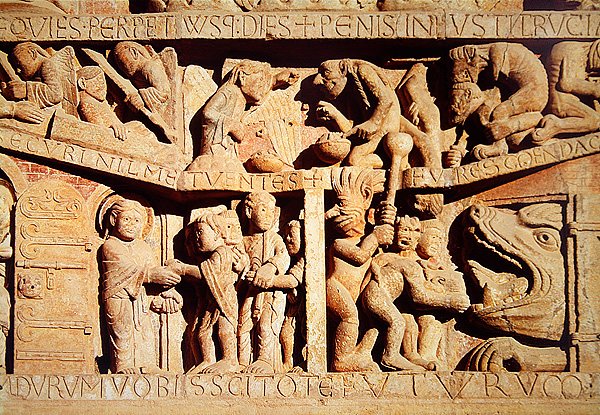 Pyhä Pietari vastaanottaa siunatut taivaaseen ja kirotut putoavat helvetin leukoihin, yksityiskohta West Portal Tympanumin viimeisestä tuomiosta, n. 1135 tekijältä French School
