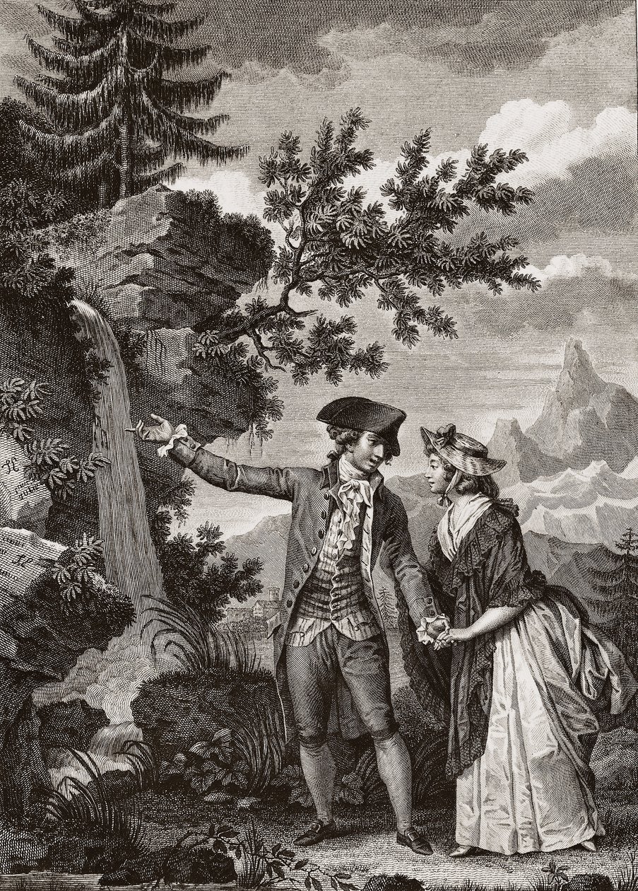 Saint Preux ja Julie -kaiverrus vuodelta 1793 sveitsiläisen filosofin Jean Jacques (Jean-Jacques) Rousseaun (1712-1778) teokselle "Julie ou la nouvelle Heloise" - Julie ja Saint-Preux, kuvitus Jean-Jausse Rousse