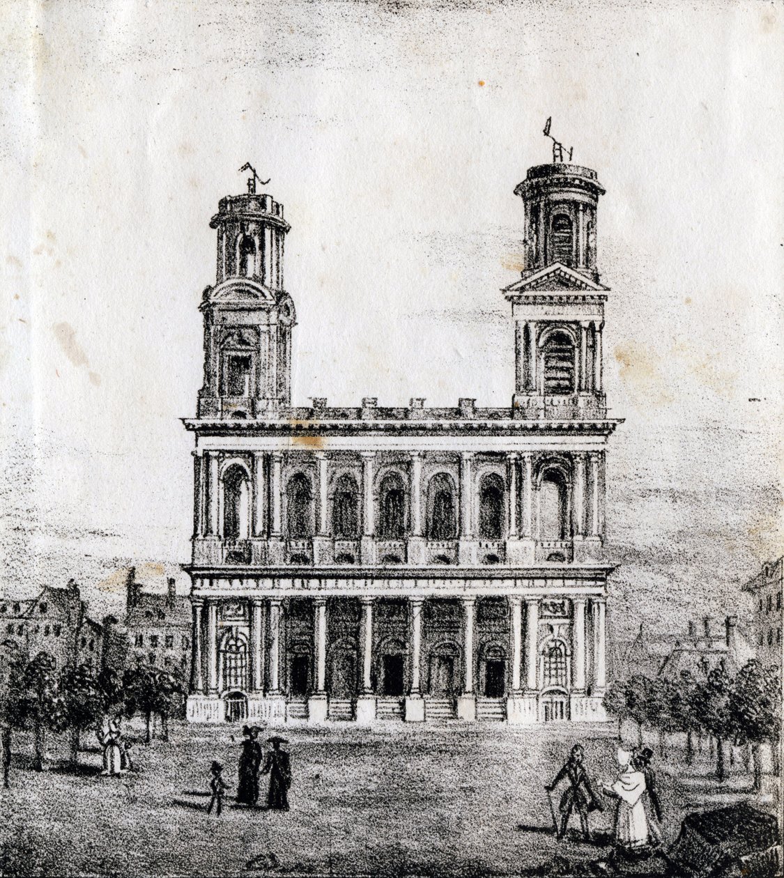 Saint Sulpice -kirkko, Pariisi - "Alphabet Picturesque des Monuments de Paris" n.1840 (kaiverrus) tekijältä French School