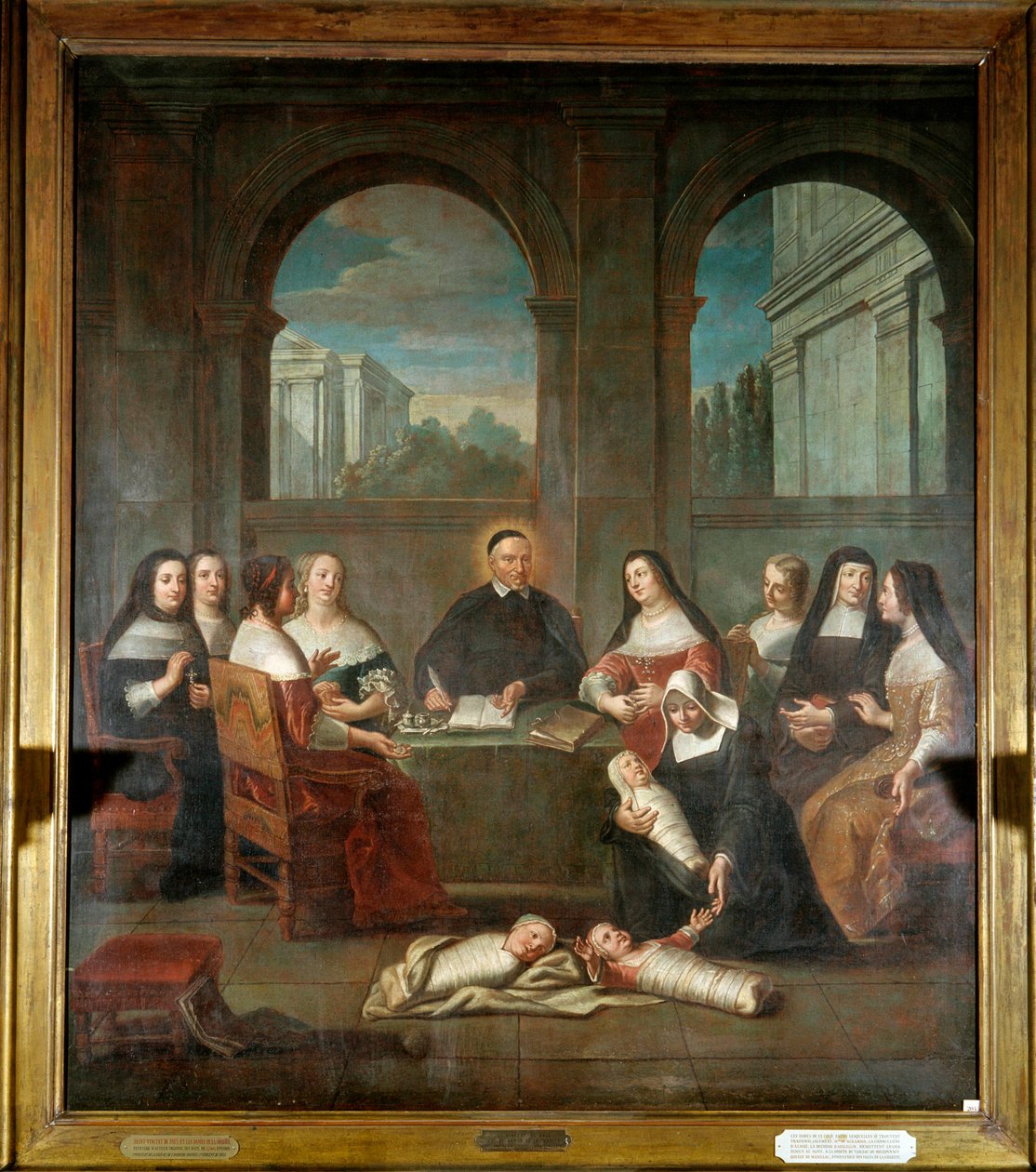 Saint Vincent de Paul ja hyväntekeväisyyden naiset Pyhän Vincent de Paulin, papin, Charityn tyttärien laitoksen perustajan vuonna 1634 (1576-1660) edustus vastasyntyneistä ja hyväntekeväisyyden naisista huolehtivien nunnien ympäröimänä. Anonyymi maalaus o tekijältä French School