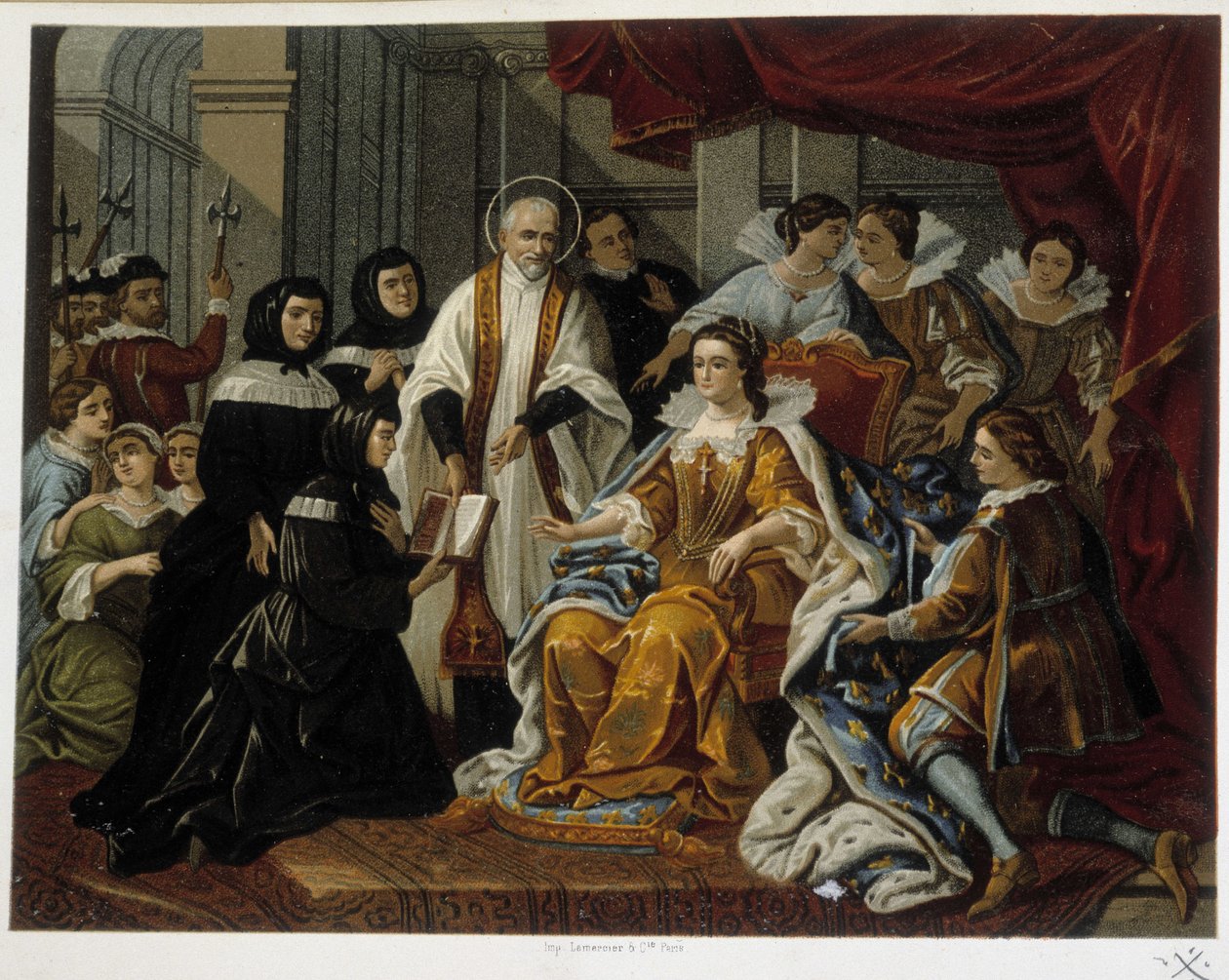 Saint Vincent de Paul esittelee Annelle Itävallalle ensimmäiset Charityn tyttäret (kutsutaan myös "Saint Vincent de Paulin sisaruksiksi") - 1700-luvun maalauksesta. tekijältä French School