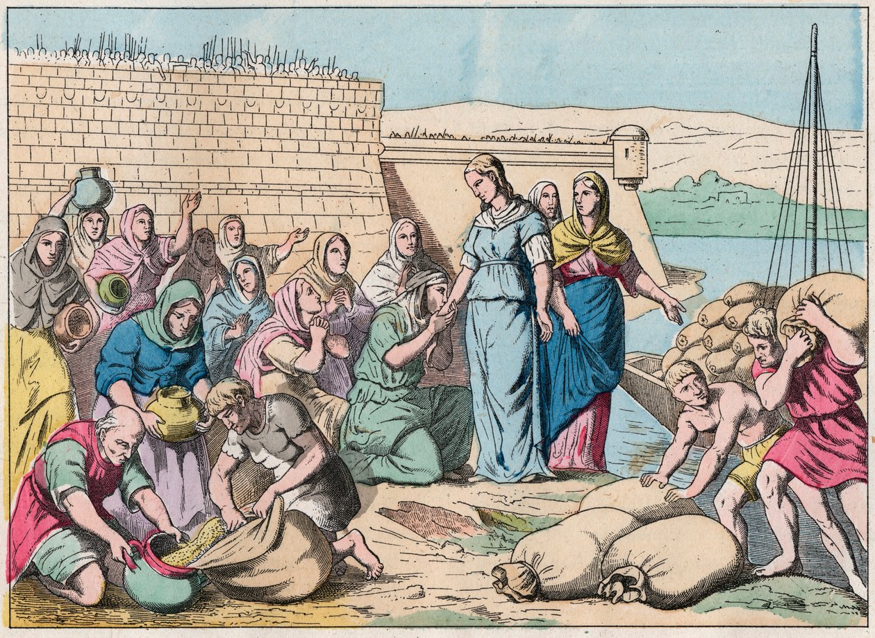 Sainte Genevieve jakaa ruokaa ihmisille Attilan hunnien armeijan piirityksen aikana vuonna 451 (barbaarien hyökkäykset) - Sainte Genevieve ja pariisilaiset - Kaiverrus 1800-luvun lopusta "Nos Gires Nationales - kuvia tekijältä French School