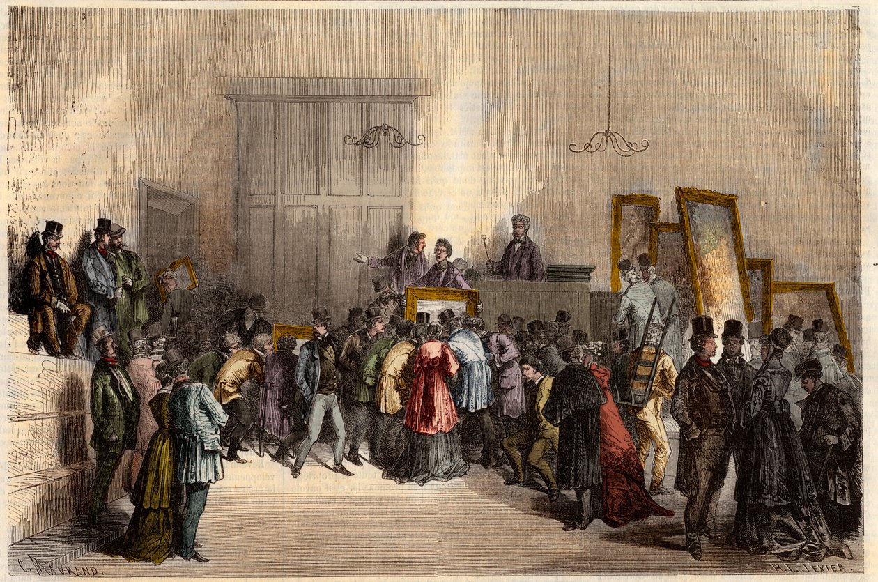 Maalausten myynti huutokaupanpitäjien hotellissa Pariisissa vuonna 1868. Kaiverrus "" L