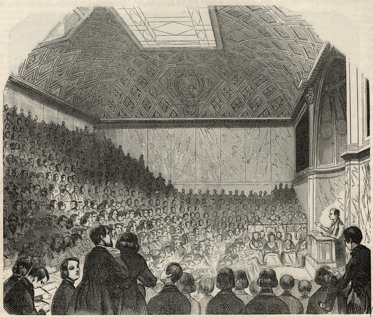 Luokkahuone College de Francessa Pariisissa 1800-luvulla - Edmond Texierin kaiverrus "Tableau-de-Paris" 1852 tekijältä French School