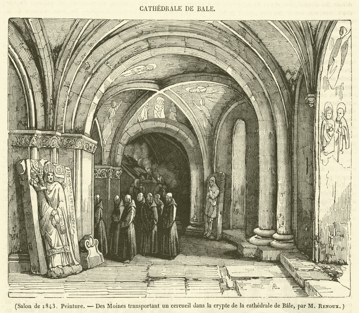 Salon 1843, maalaus, Des Moines transportant un cercueil dans la crypte de la cathedrale de Bale (kaiverrus) (kaiverrus) tekijältä French School