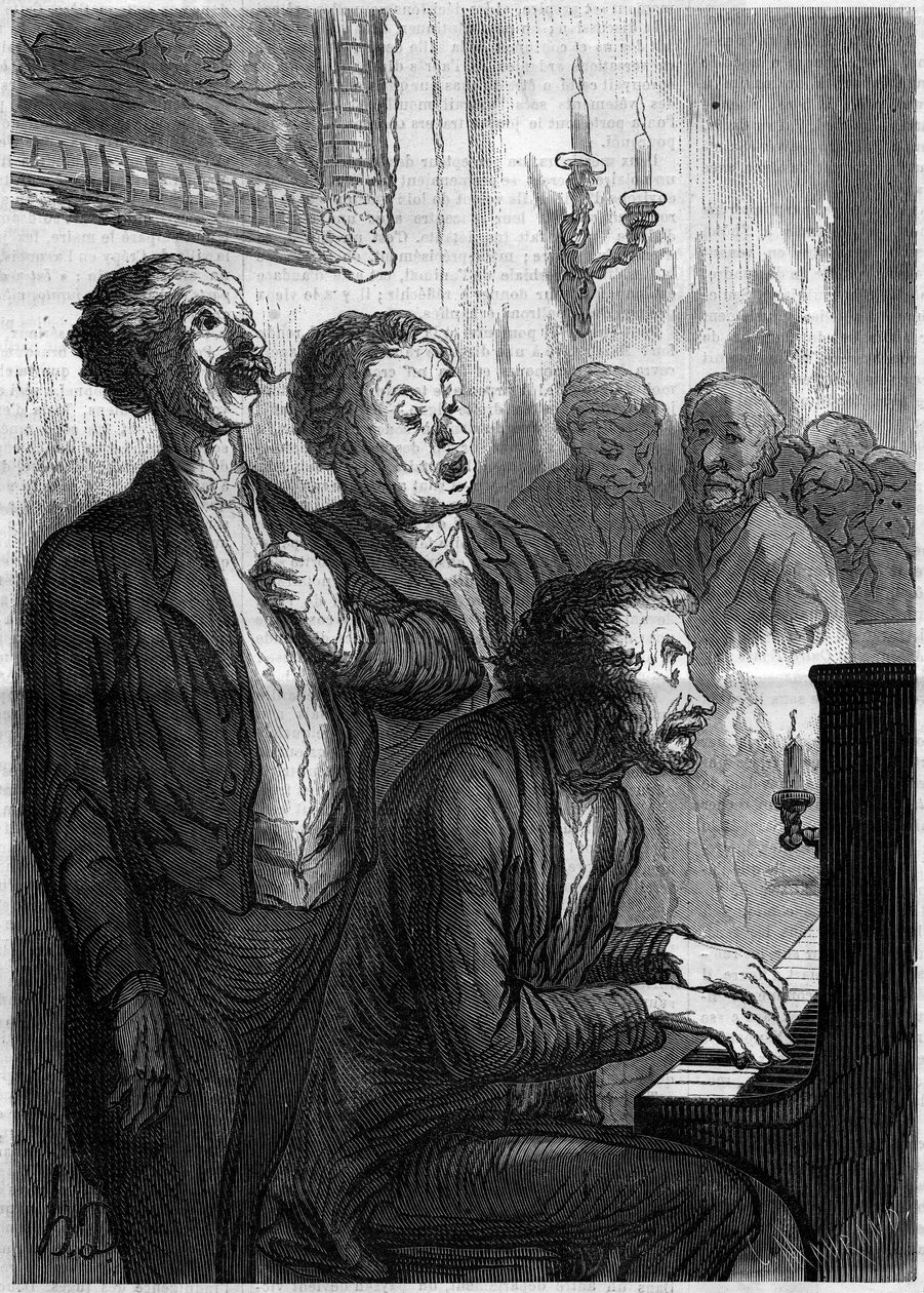 Singer Lounge. Sarjakuva Honore Daumier (1808-1879). Kaiverrus "" Le Monde Illustré" -julkaisussa nro 290, 1. marraskuuta 1862. tekijältä French School