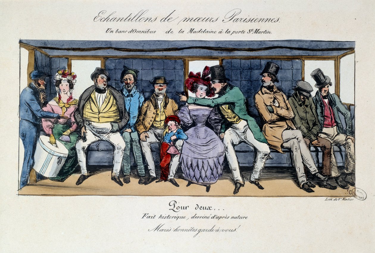 Esimerkki pariisilaisesta moraalista: Madeleinen omnibussin penkki Saint Martinin portilla. 1800-luvun vedoksia. Pariisi, Musee Carnavalet tekijältä French School
