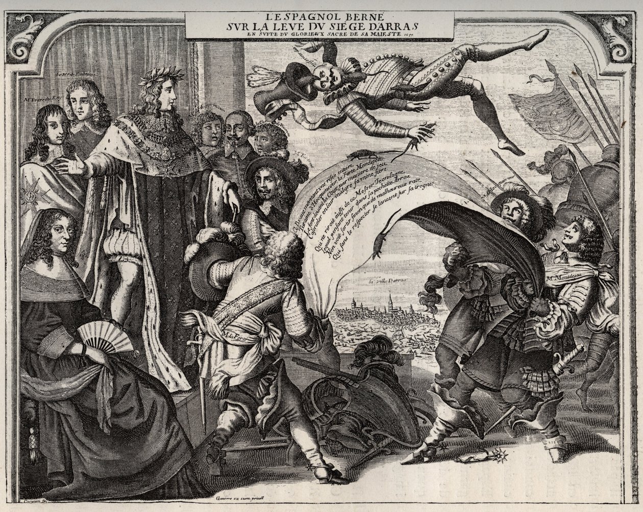 Satiirinen allegoria Arrasin piirityksen noususta vuonna 1654 Ludvig XIV:n (1638-1715) kruunaamisen jälkeen. Vasemmalla on Itävallan kuningatar Anna (1601-1666). Seisoi Louis XIV:n vieressä ja kuninkaan vasemmalla puolella kardinaali Jules Mazarin (1602-16 tekijältä French School