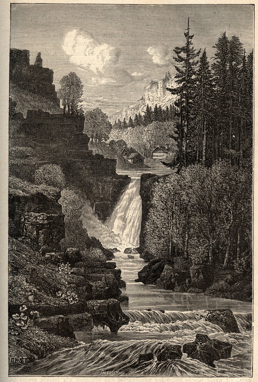 Saut du Doubs (vesiputous) Franche-Comte - kaiverrus kirjaimella "" PATRIE"" - PECTURESSE RANSKAN KUVAUS 6 NITEESSÄ LUCIEN HUARD - 1800-luvun loppu tekijältä French School