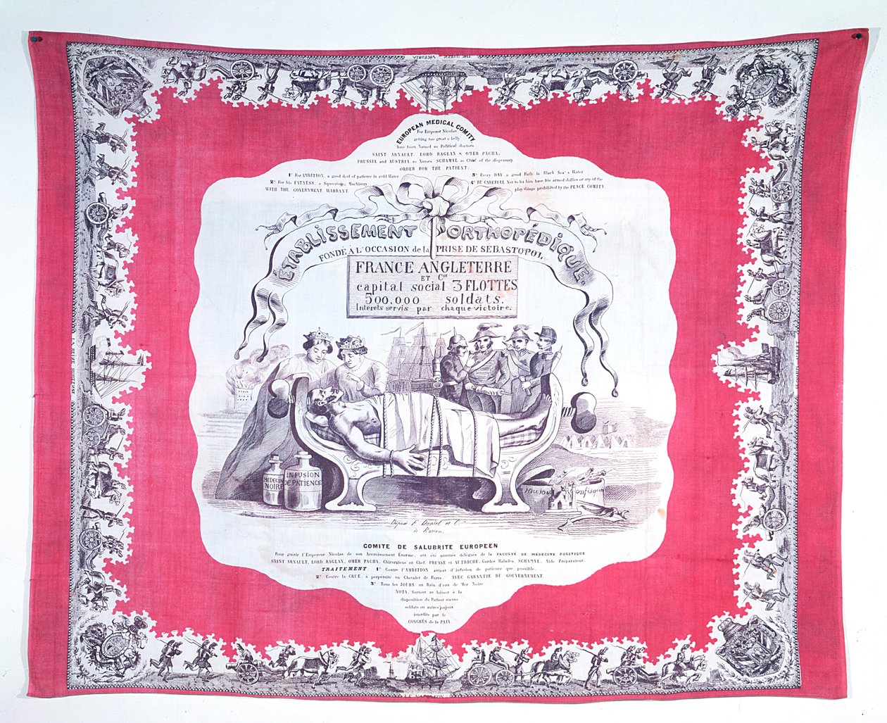 Huivi pilaamassa ahneudesta ja kunnianhimosta kärsivää Venäjää Krimin sodan aikana, n. 1856 (painettu silkki) tekijältä French School