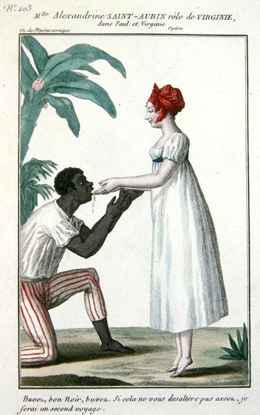 Kohtaus Paul et Virginie -oopperasta, jossa rouva Alexandrine Saint-Aubin esitetään Virginien roolissa, n. 1820-30 (värikaiverrus) tekijältä French School