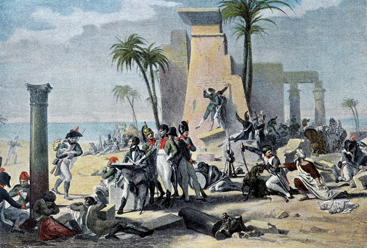 Kohtaus Ylä-Egyptissä (Elävä Denon ja ranskalainen Armee levossa jäänteiden joukossa) (Living-Denon) - elokuvassa "" Victoires et Conquêtes des Armees Francaises", Pariisi tekijältä French School