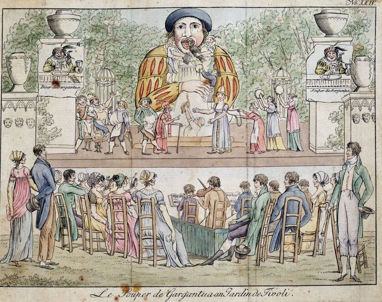 Kohtaus Gargantuan illallisesta yleisön kanssa, Tivolin puutarhan vetovoima, n. 1805. tekijältä French School