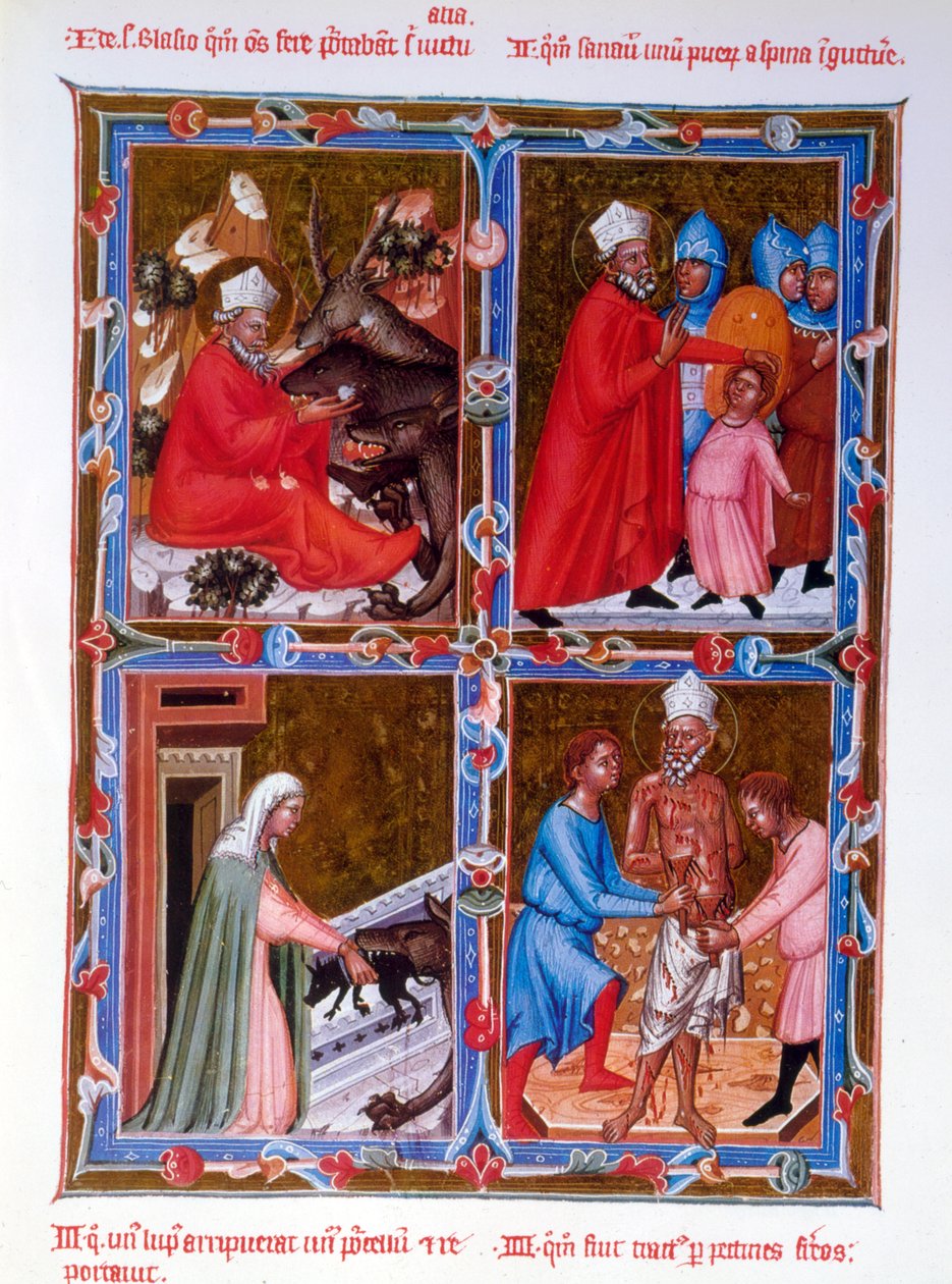 Kohtauksia Saint Blaisen elämästä, faksimile 1400-luvun käsikirjoituksesta Legendaire des Anjou-Hongriesta, Bolognan koulusta tekijältä French School