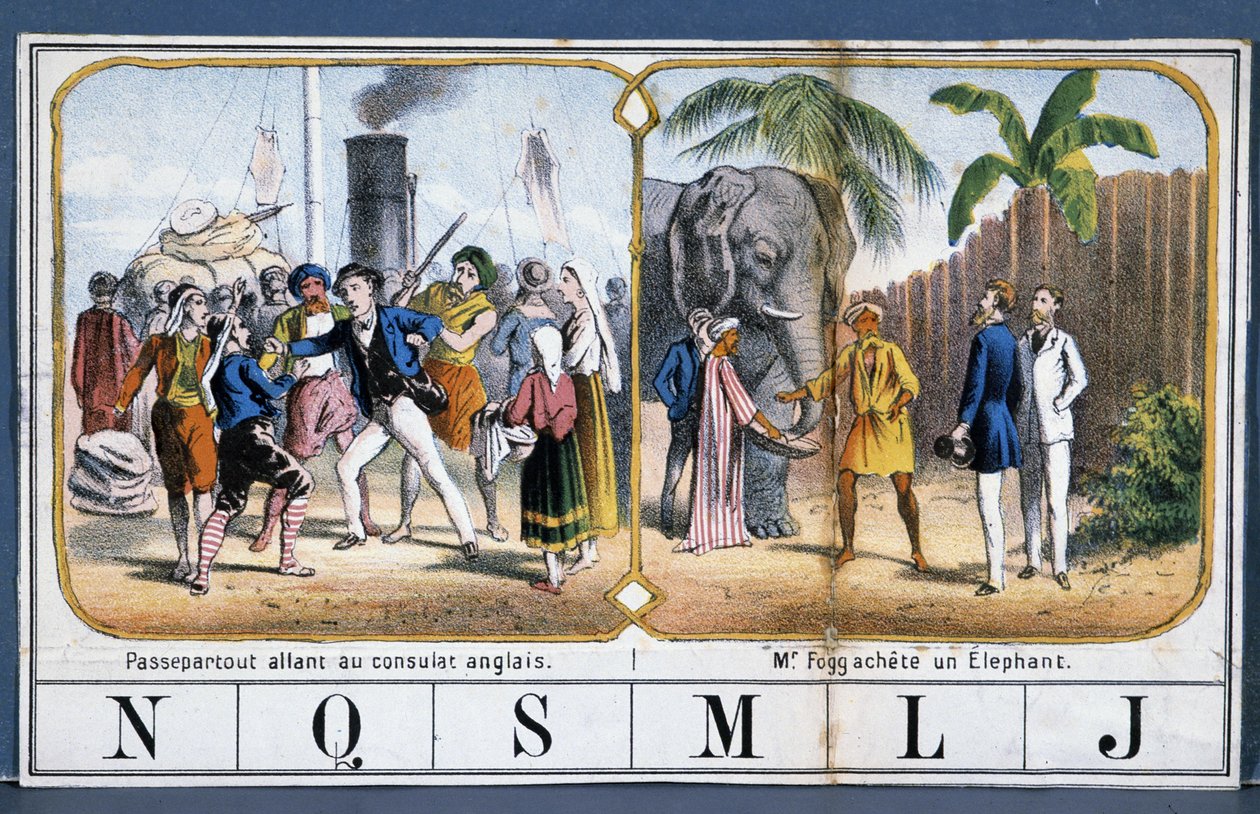 Kohtauksia Passepartoutin ja Phileas Foggin kanssa Intiassa, ill. Jules Vernen, n.d., pelistä "The World Tour" 1800-luvun lopulla. tekijältä French School