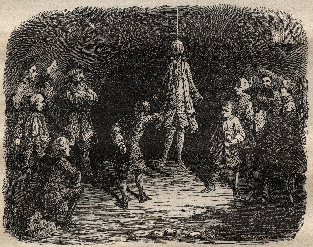 Ryövä Louis Dominique Garthausenin dit Cartridge (1693-1721) urallaan Pariisissa luoma varkaiden koulu: kattoon roikkuu malli, jonka taskut tulisi tyhjentää ilman, että hän joutuisi liikkumaan laukaussateen uhalla - Varkaiden koulu tekijältä French School