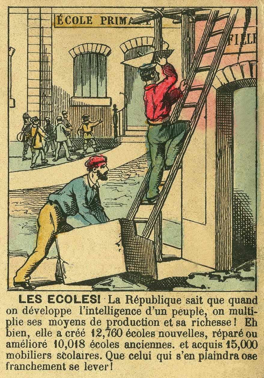 Koulut, jotka kuvaavat kolmannen tasavallan etuja kouluopetuksen kehittämiselle. Kaiverrus, "" Le Figaro, liite"", 30/03/1889, Pariisi. Coll. Selva. tekijältä French School