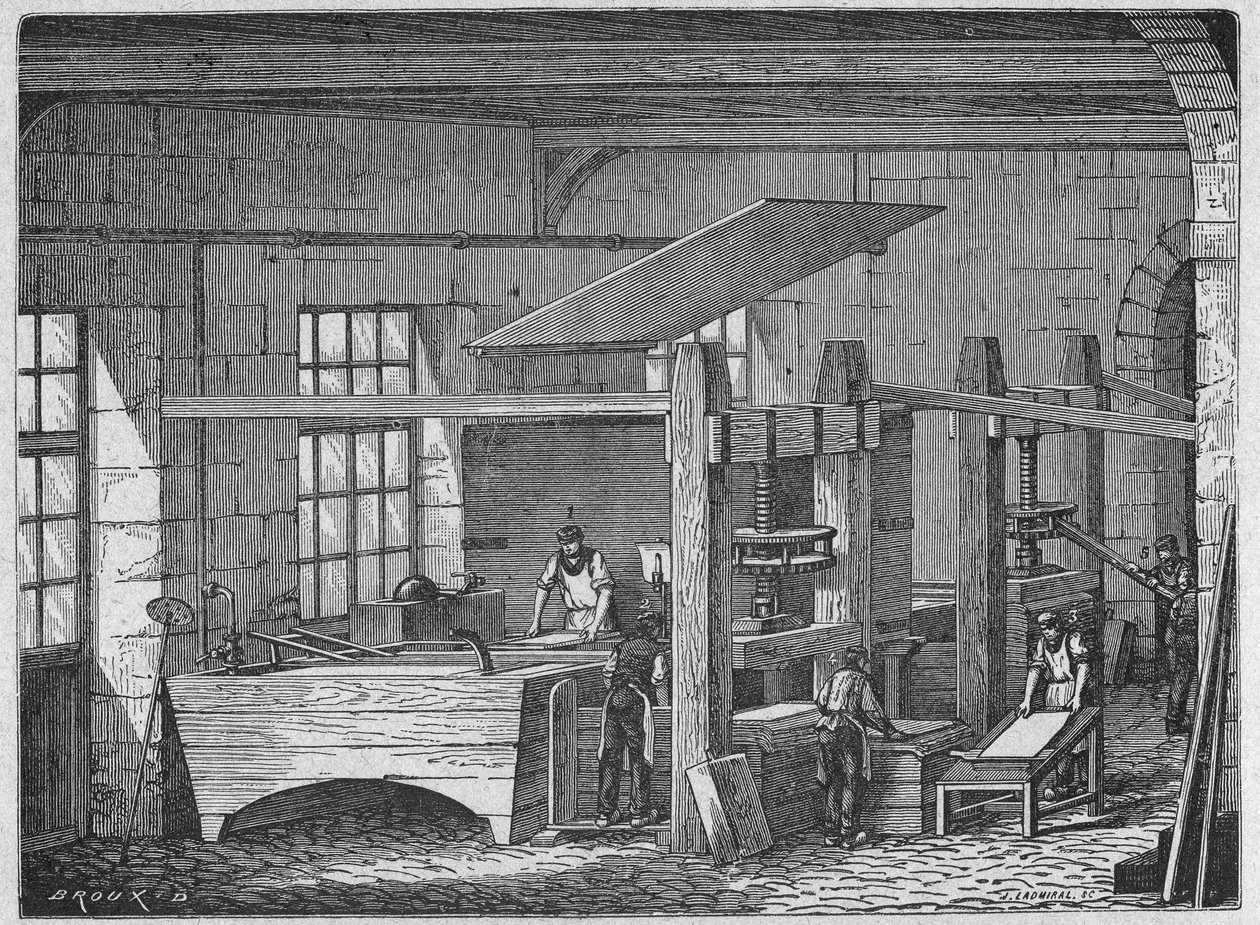 Tiede. Paperinvalmistus. Käsintehty paperi. Kaiverrus: Suurmiehet ja teollisuuden suuret tosiasiat, Ranska, n.1880 (kaiverrus) tekijältä French School