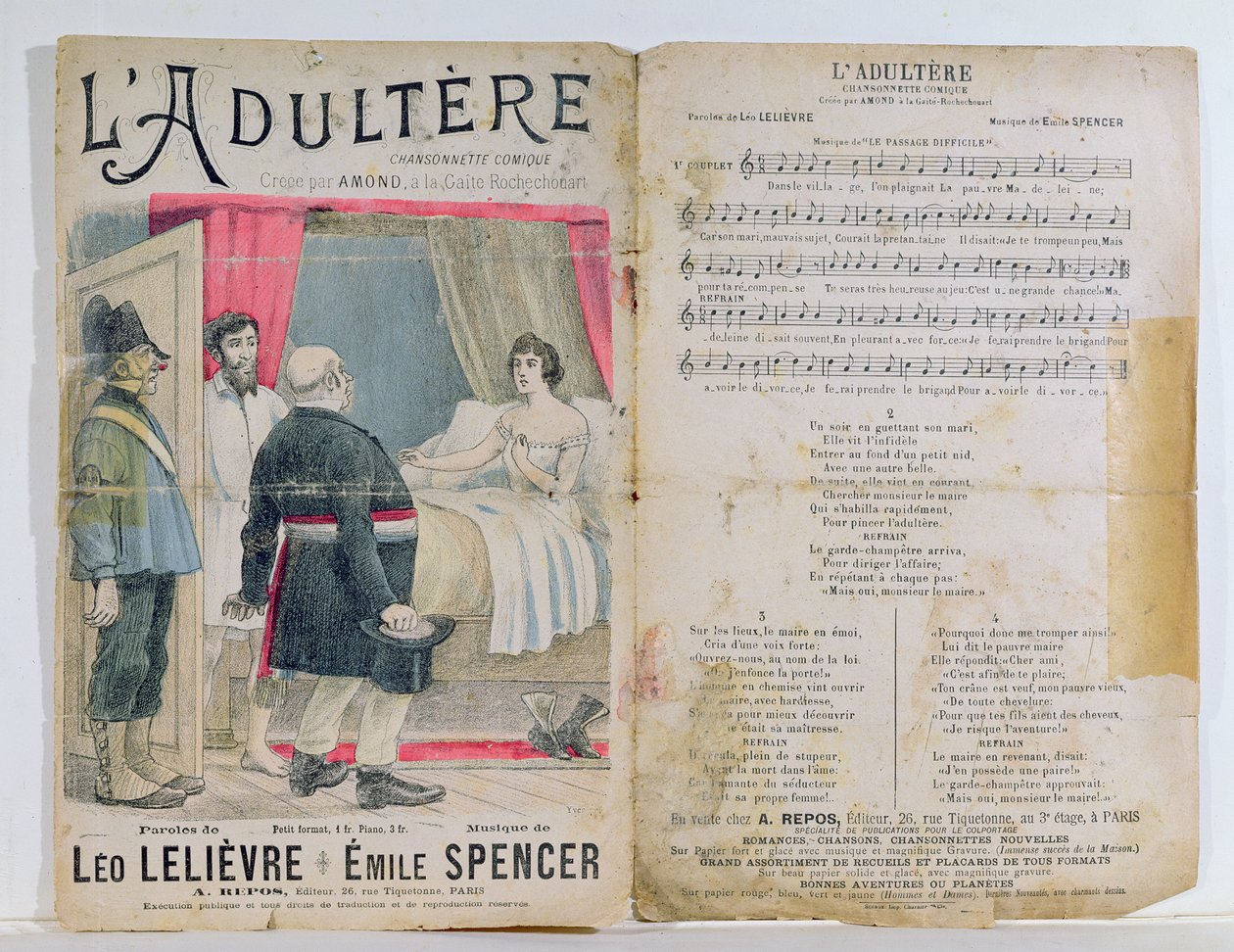 LAdulteren partituuri, koominen laulu, jossa on L. Lelievren sanat ja E. Spencer tekijältä French School