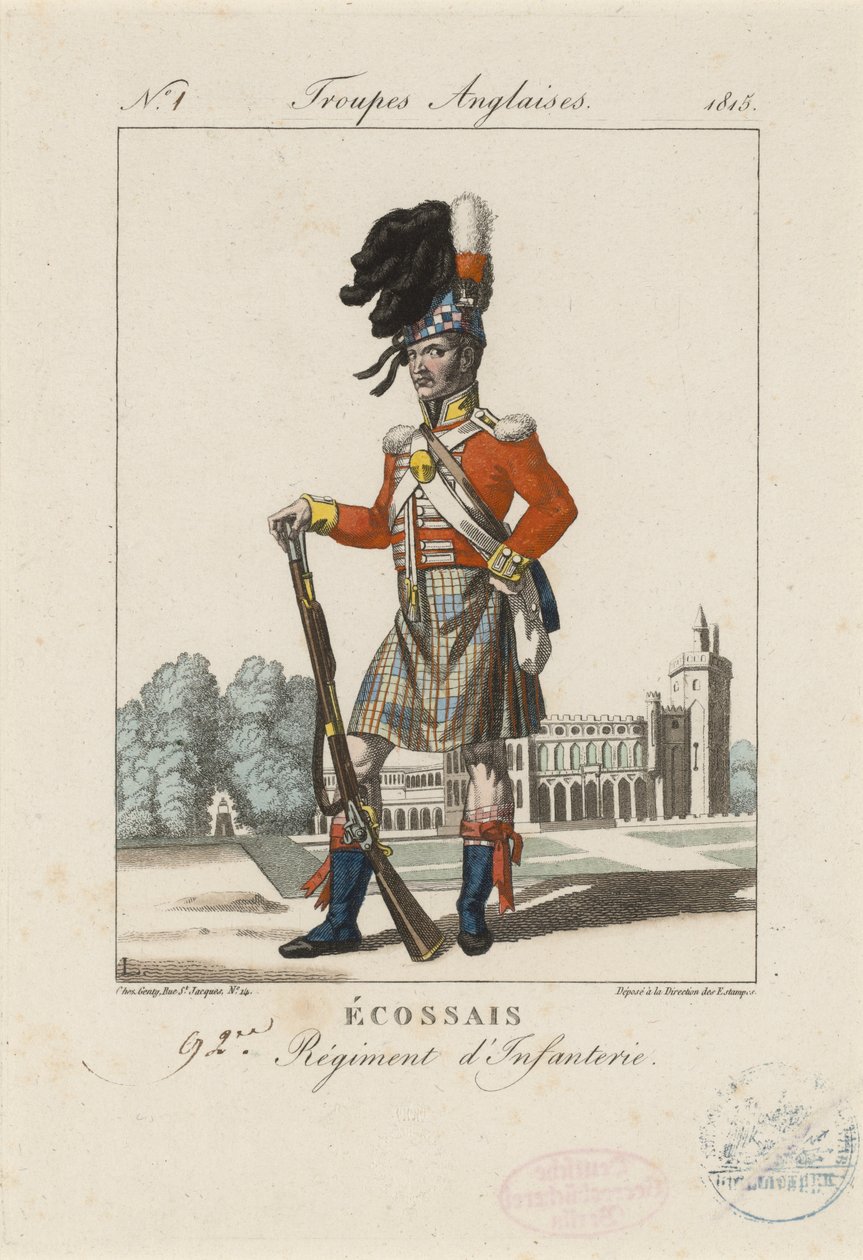 Skotlannin 92. jalkaväkirykmentti, n. 1815 (värillinen etsaus) tekijältä French School