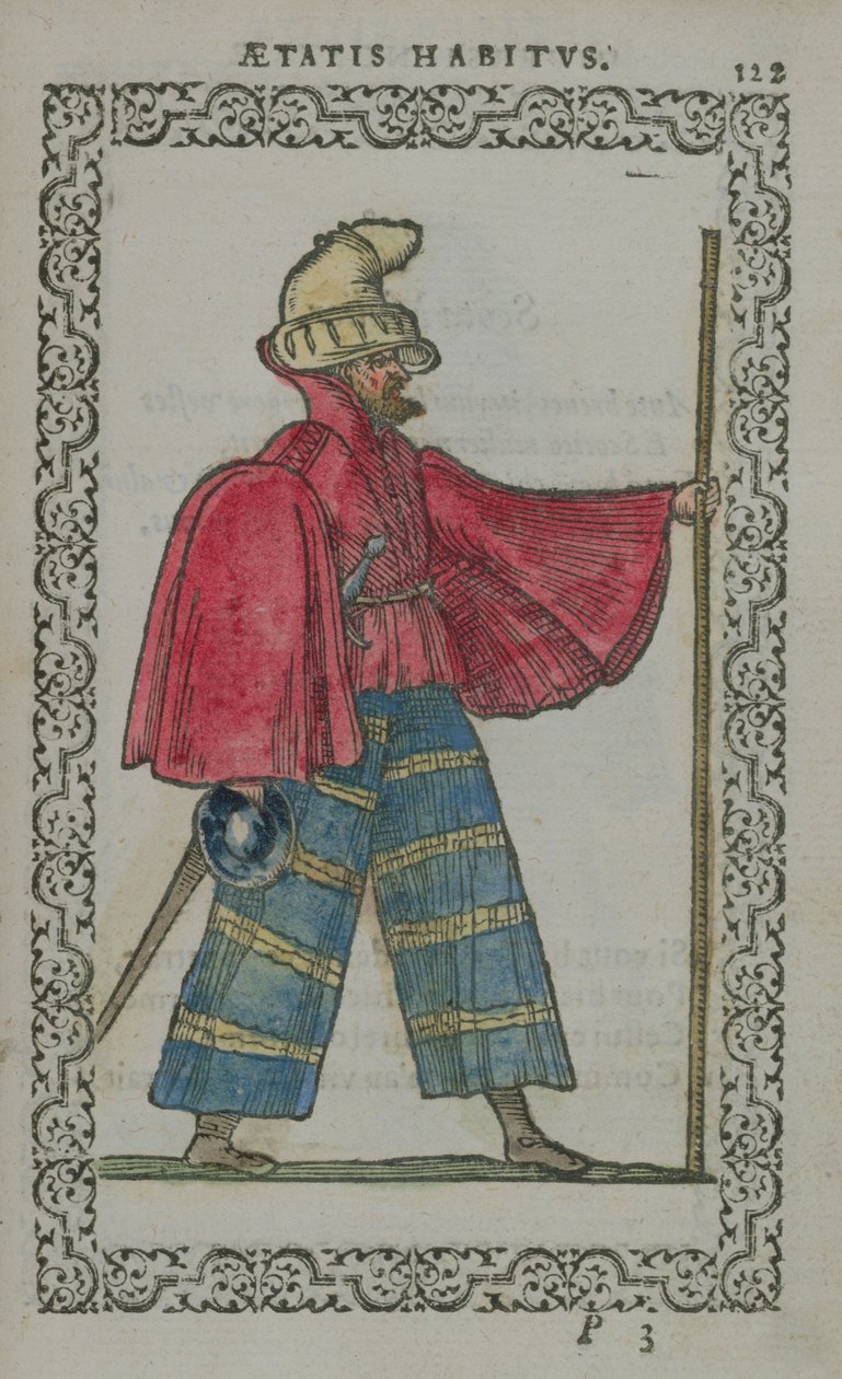 Skotlantilainen mies alkuperäisasussa, Costumes du Mondesta, julkaistu Antwerpenissä, 1572 (värillinen puukaiverrus) tekijältä French School