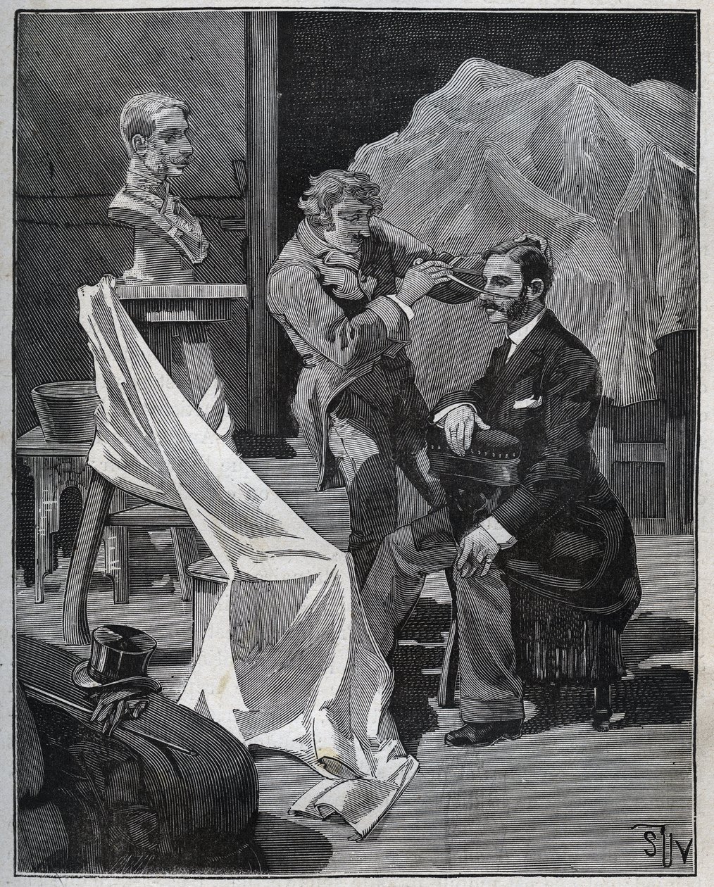 Veistos, kuvanveistäjän työpaja, fokus ja veistos rintakuvasta. Kaiverrus vuodelta 1880 kirjassa "Les arts et metiers illustres", kirjoittanut Adolphe BITARD. tekijältä French School