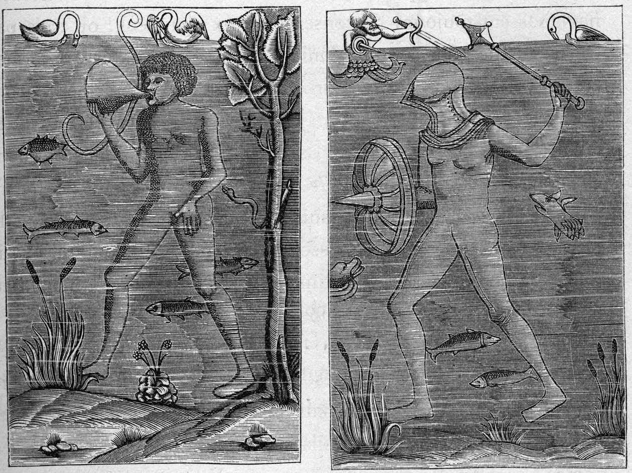 Merisotilas: sukeltaja ja asemies. Kaiverruksia 1500-luvun puuhahmoista. Kirjassa "La Marine et les colonies: kauppa" tekijältä French School