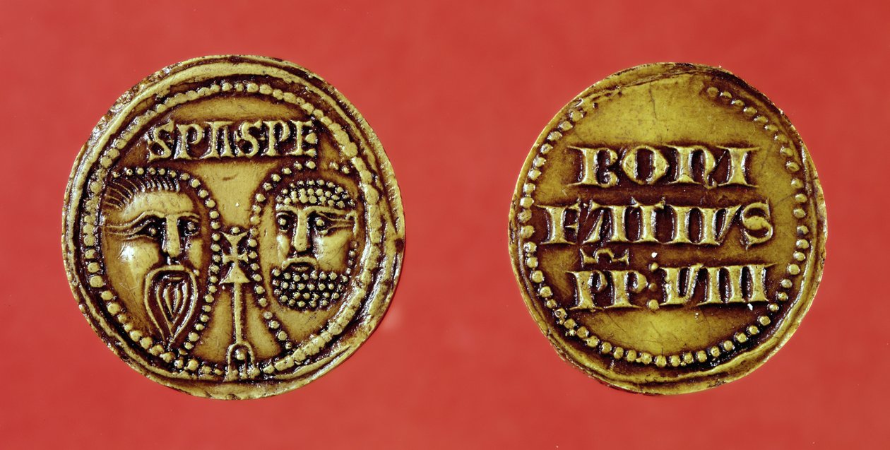 Sinetti Pyhän Paavalin ja Pietarin päillä, paavi Bonifatius VIII:n bullasta, recto ja verso, 1295 (vaha) tekijältä French School