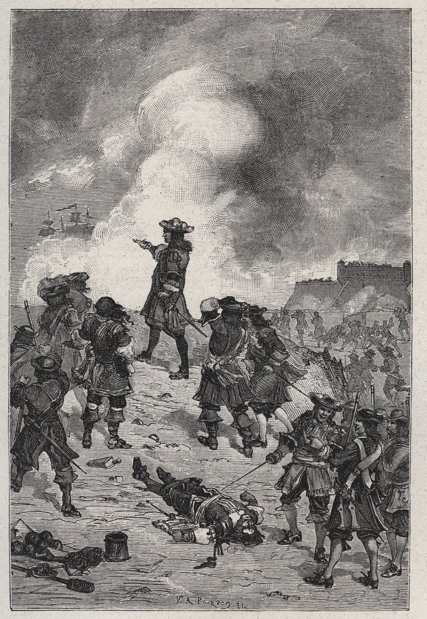 Sebastian Vaubanin Prestren lordi (1633-1717), Ranskan marechal puolustaa Brestiä Englannin laivaston hyökkäystä vastaan ​​vuonna 1695 - kaiverrus Louis Dumasin kirjaan "Les Hommes Celebres de la France" 1889 tekijältä French School
