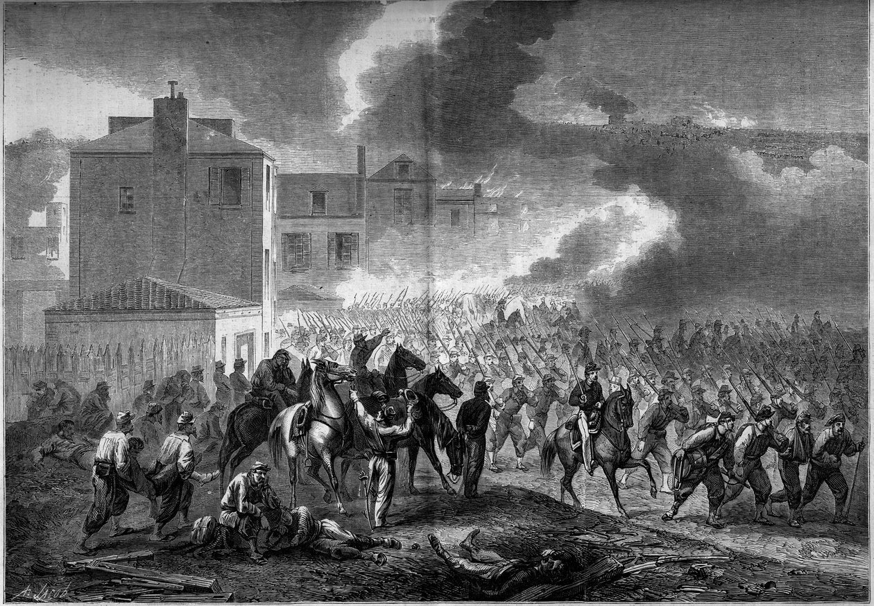 Erottelusota (1861-1865) tai Amerikan sisällissota: Korintin kaupungin (Mississippi) evakuointi vuonna 1862. Kaiverrus "" Le Monde Illustré" -julkaisussa nro 275, 19. heinäkuuta 1862. tekijältä French School