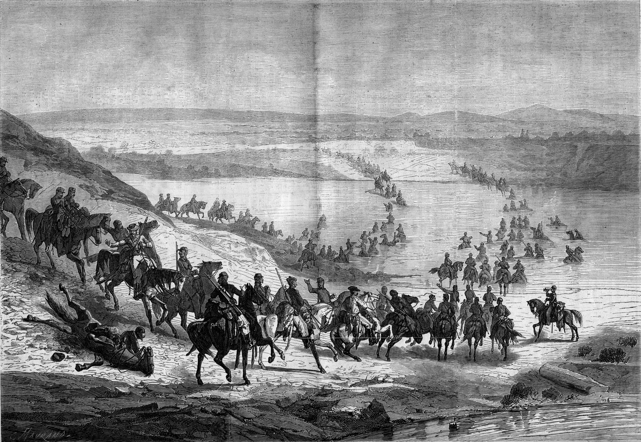 Secessio-sota (1861-1865) tai Amerikan sisällissota: Kenraali Stuartin eteläisen ratsuväen ylittää Potomacin. Kaiverrus "" Le Monde Illustré" -julkaisussa nro 293, 22. marraskuuta tekijältä French School