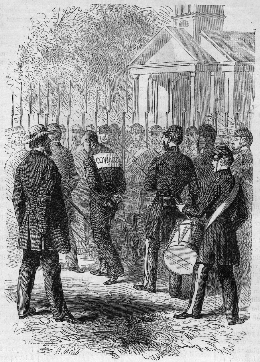 Secession War (1861-1865) tai Amerikan sisällissota: pohjoisen aseen sotilaan rangaistus, jota syytetään hete taistelussa. Kädet sidottuna, "Lache"-kyltti selässään, hän ylittää leirin rummun soidessa. Kaiverrus ”” Le Monde Illustré”” nro tekijältä French School