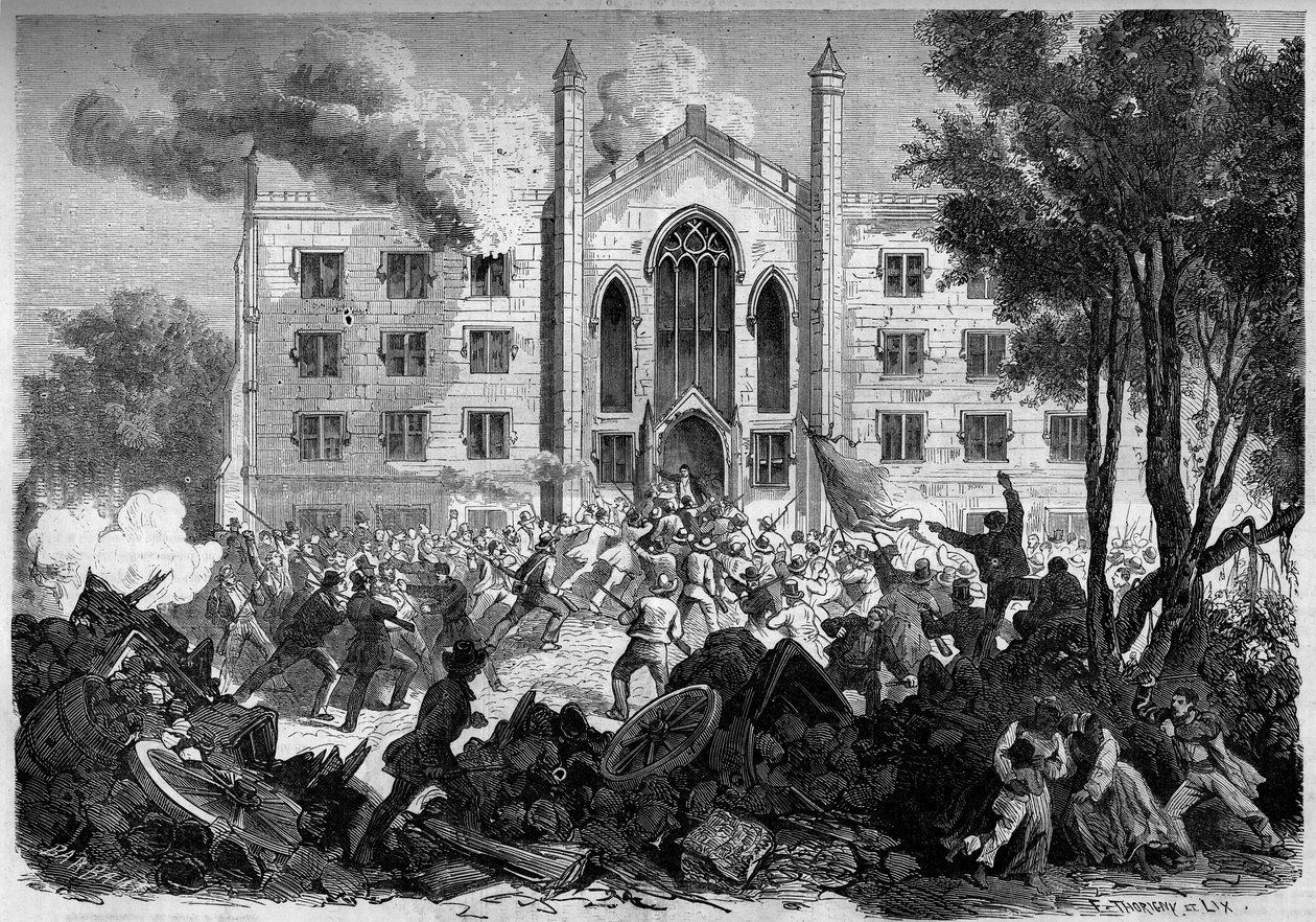 Eroamissota tai Amerikan sisällissota (1861-1865) - New York - heinäkuu 1863: asevelvollisuuden vastustus, kapinat sytyttivät tuleen värillisten orpojen turvapaikan New Yorkissa "Draf Riots" -melakoiden aikana. Kaiverrus "" Le Monde Illustré" -julkaisussa  tekijältä French School