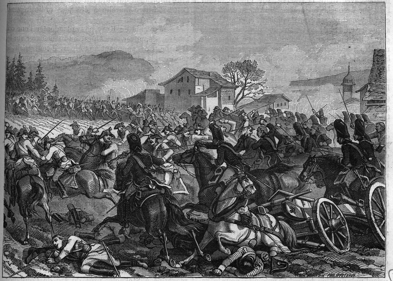Toinen liittouma (1798-1800): Stockachin taistelu 3. toukokuuta 1800 Ranskaa ja Itävaltaa vastaan - Kaiverrus vuodelta 1865 Louis Adolphe Thiersin teokseen "Histoire du Consulate et de l
