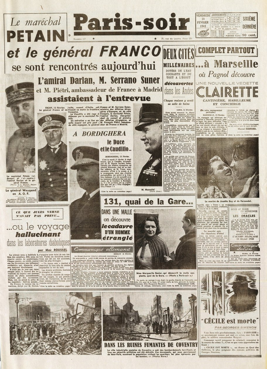 Toinen maailmansota (1939-1945) - Toinen maailmansota (WWII tai WW2): PARIISI LÄHDE [nro. 237], 14.2.1941 - LE MARECHAL PETAINin ja GENERAL FRANCOn tapaaminen - tekijältä French School