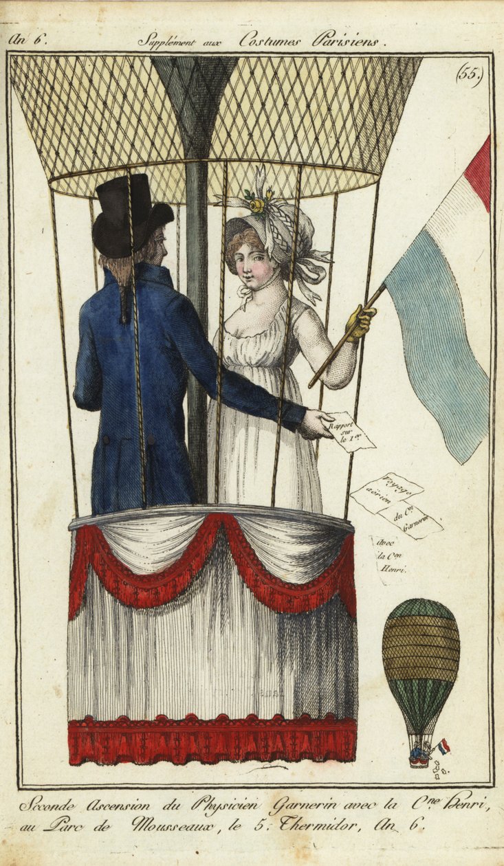 Tohtori Andre-Jacques Garnerinin toinen ilmapallonousu, 8. heinäkuuta 1798 (käsinvärinen kuparikaiverrus) tekijältä French School