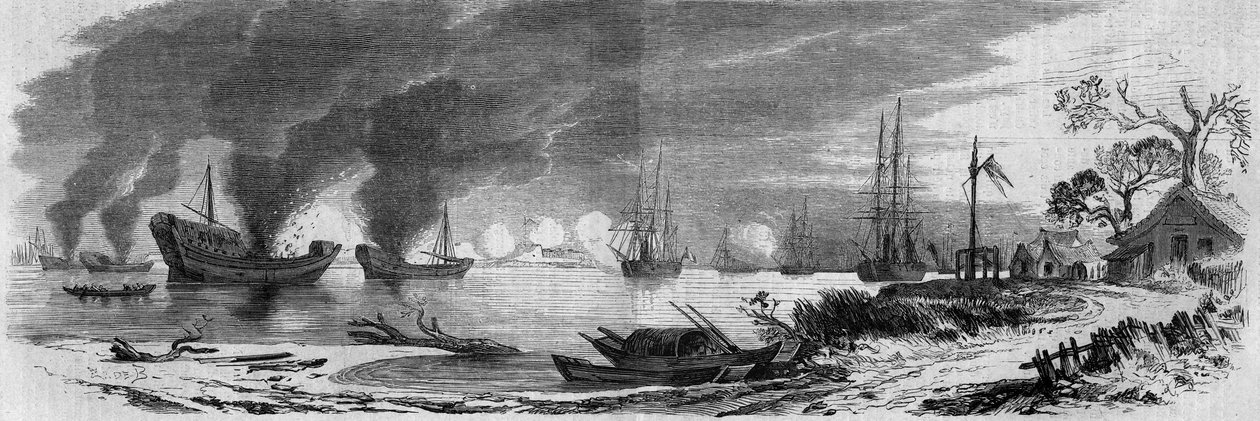 Toinen oopiumisota Ranskan ja Englannin ja Kiinan välillä (1858-1860): syttyvillä materiaaleilla ladatut kiinalaiset romut laukaistiin englantilaisia ja ranskalaisia laivastoja vastaan. Kiina tekijältä French School