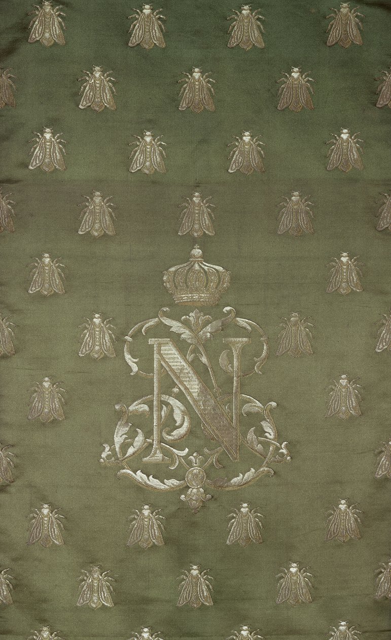 Lehtiö vihreää ja kultaista damaskista, jossa on Napoleon III:n (1808-73) tunnus ja kuninkaallinen harja. tekijältä French School