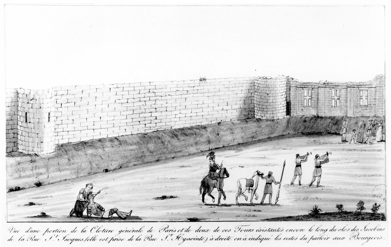 Osa Pariisin oikealla rannalla sijaitsevasta kaupunginmuurista, joka rakennettiin vuosina 1190–1209 Philippe II Augusten käskystä, 1700-luvun lopulla (wc paperilla) tekijältä French School