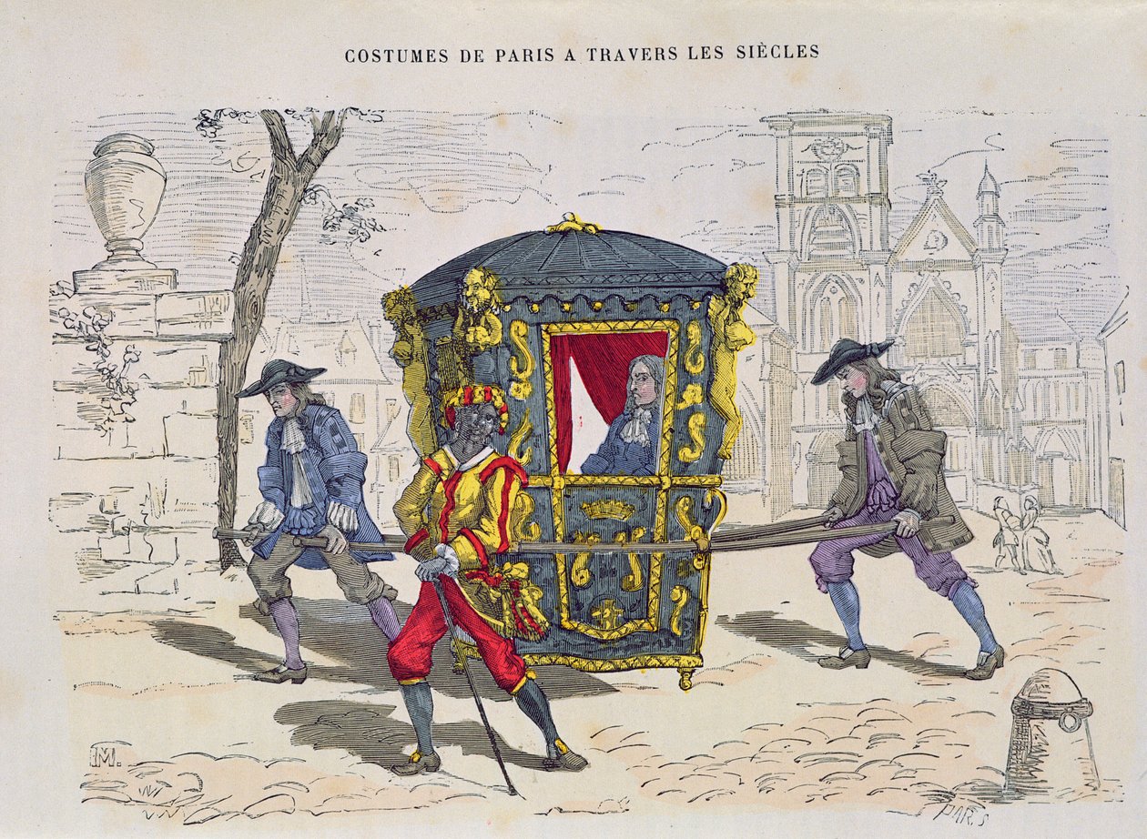 Sedan Chair 16th Century, Costumes de Paris a Travers les Siecles, julkaistu 1887 (värikaiverrus) tekijältä French School