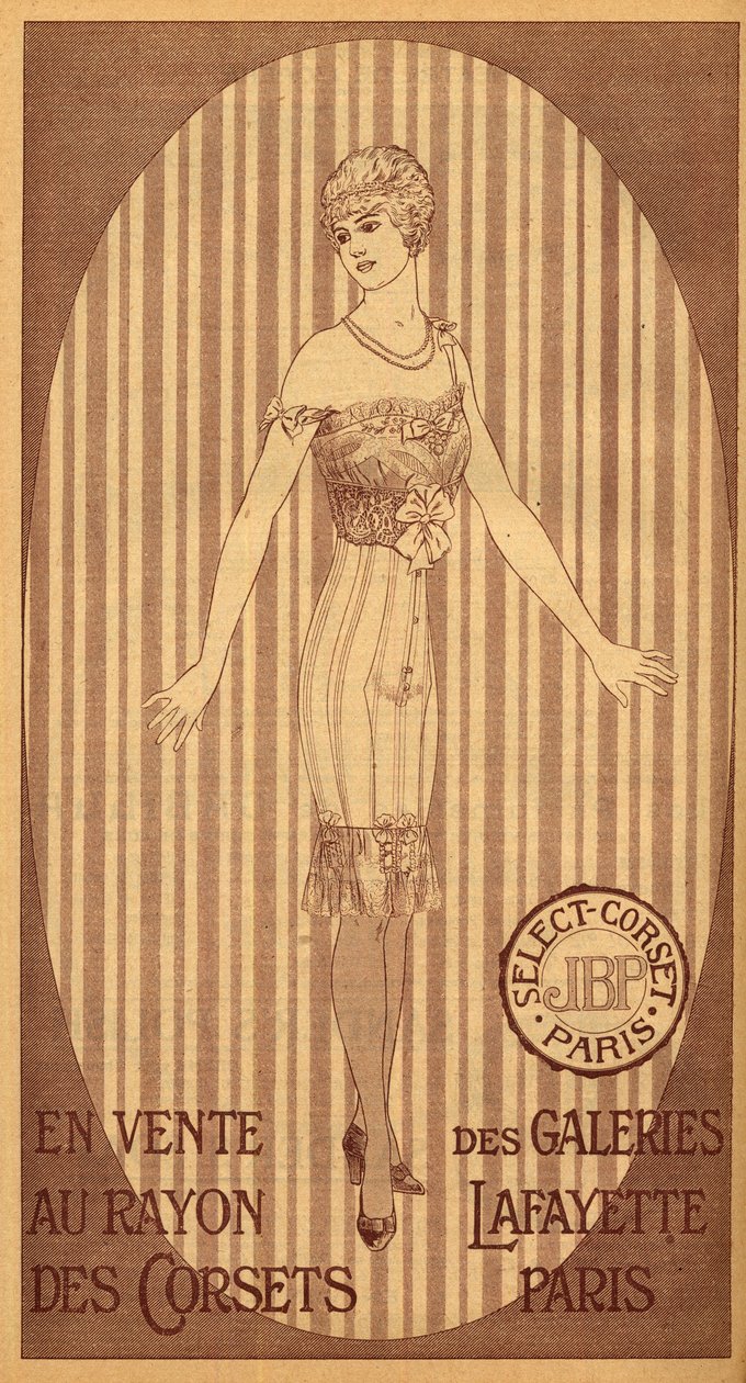 Valitse JPB-korsetti myytävänä Galeries Lafayetten korsettiosastolla Pariisissa - 1914 tekijältä French School